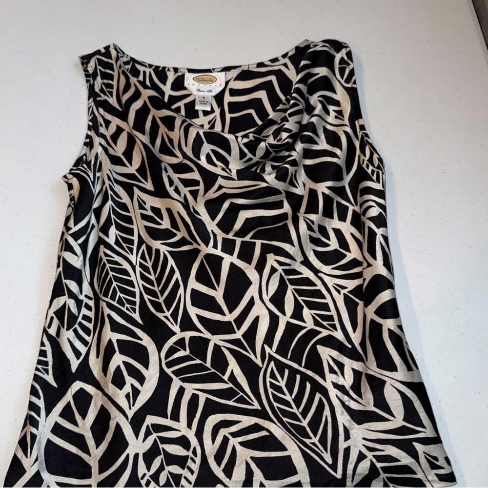 Talbots‎ Petites Black White Leaf Print 100% Silk Cowl Neck Sleeveless Top 4P